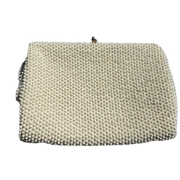 Corde Beads White Gold Tone Metal Frame Handbag Bag Purse Vintage Kiss Clasp 60s - Picture 2 of 4